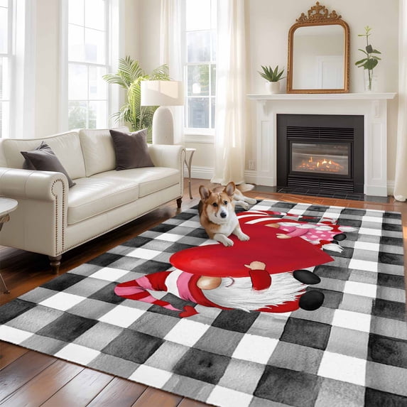 Valentine's, Area Rug 5x8 FT, Non Slip Bedroom Throw Carpet, Valentine Buffalo Plaid Black Gnomes Love Red Washable Soft Floor Carpet Non-Shedding Rug for Living Room Nursery Dorm Office
