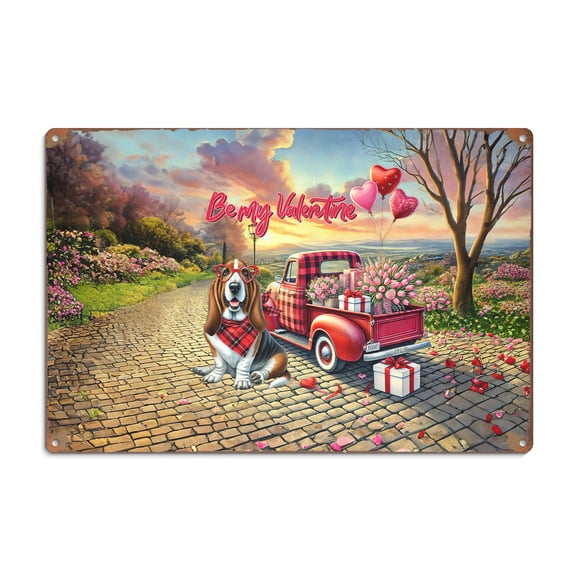 Be My Valentine's Basset Hound Truck Full of Love Flower Balloon Horizontal Metal Aluminum Sign Bassets Dog Breed Lovers Gifts Idea Wall Art Home Decor - 02029