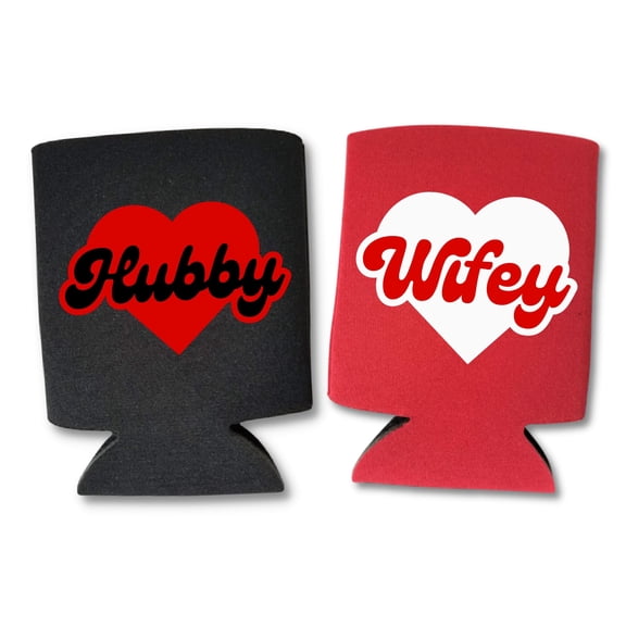 Capital City Commerce Valentines Beer Cooler, Hubby & Wifey Coolies, Couple Drink Accessory, Valentines Gift, Hearts Day Gift (2 Pack: 1 Red & 1 Black)