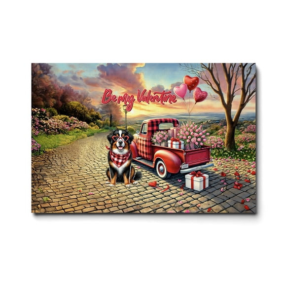 Be My Valentine's Bernese Mountain Dog Truck Full of Love Flower Balloon Horizontal Matte Canvas Poster Berner Lover Gifts Wall Art Home Decor - 02029