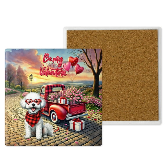 Be My Valentine's Bichon Frise Truck Full of Love Flower Balloon Set of 4 Stone Coasters Bichons Dog Lovers Gifts Idea 4x4in Absorbent Soapstone Coaster - 02029