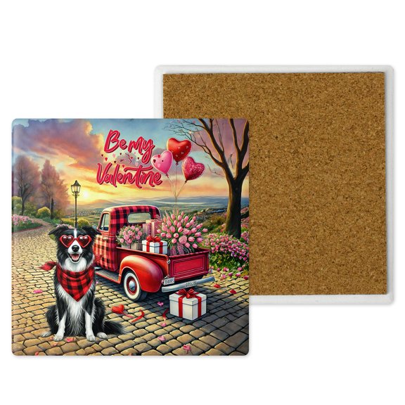 Be My Valentine's Border Collie Truck Full of Love Flower Balloon Set of 4 Stone Coasters Borders Dog Lovers Gifts Idea 4x4in Absorbent Soapstone Coaster - 02029