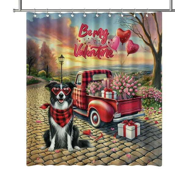 Be My Valentine's Border Collie Truck Full of Love Flower Balloon Shower Curtain Borders Dog Lovers Gifts Idea Waterproof Bathroom Bathtub Curtain - 02029