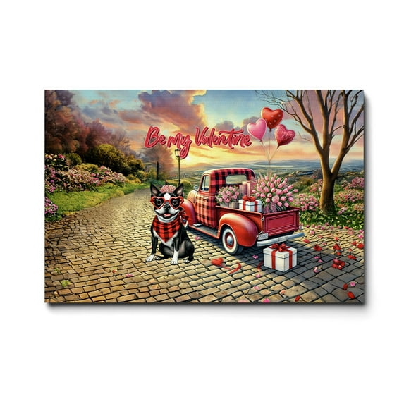 Be My Valentine's Boston Terrier Truck Full of Love Flower Balloon Horizontal Matte Canvas Poster Gentleman Dog Lover Gifts Wall Art Home Decor - 02029