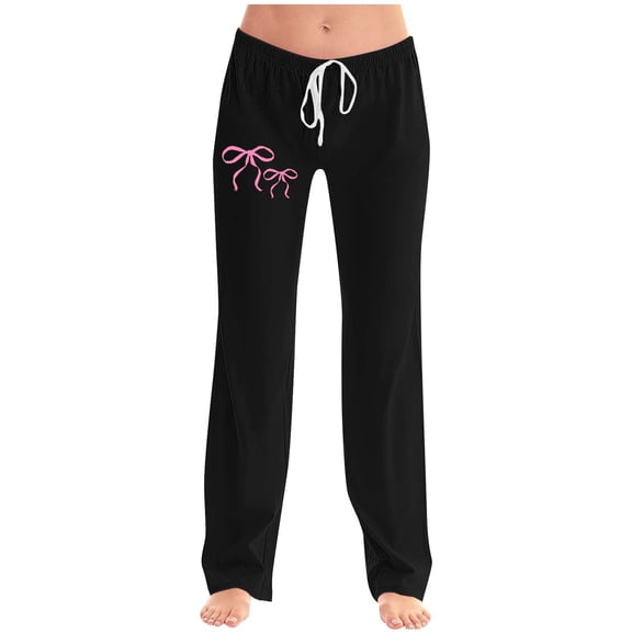 Valentine's Bow Print Pants for Women Straight Leg Graphic Sweatpants with Drawstring Elastic Waisted Lightweight Trousers Slim Fit Casual Pants Outdoor Lounge Trouser Spring Slacks 2026