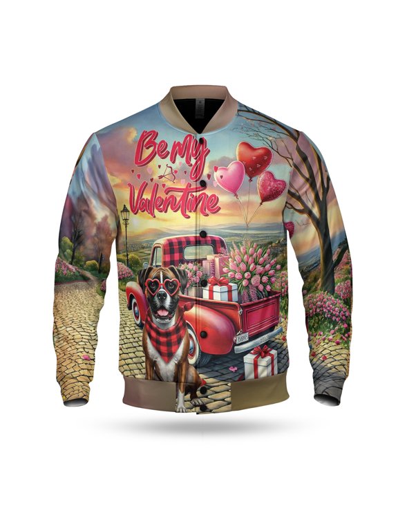 Be My Valentine's Boxer Truck Full of Love Flower Balloon All Over Print 3D Baseball Jacket Boxers Dog Lover Gifts Idea Bomber Jacket Softball - 02029