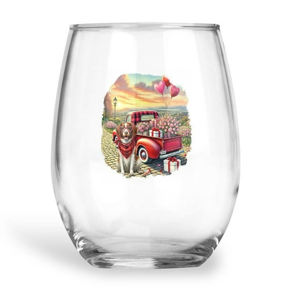 Be My Valentine's Brittany Spaniel Truck Full of Love Flower Balloon 15oz Stemless Wine Glass Mug Brittany Dog Lover Gifts Idea Wine Glasses Cup - 02029