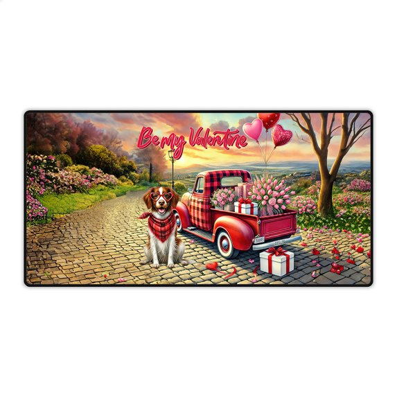 Be My Valentine's Brittany Spaniel Truck Full of Love Flower Balloon Desk Mat Full Keyboard Mouse Pad Brittany Dog Lover Gifts Idea Large Mousepad - 02029