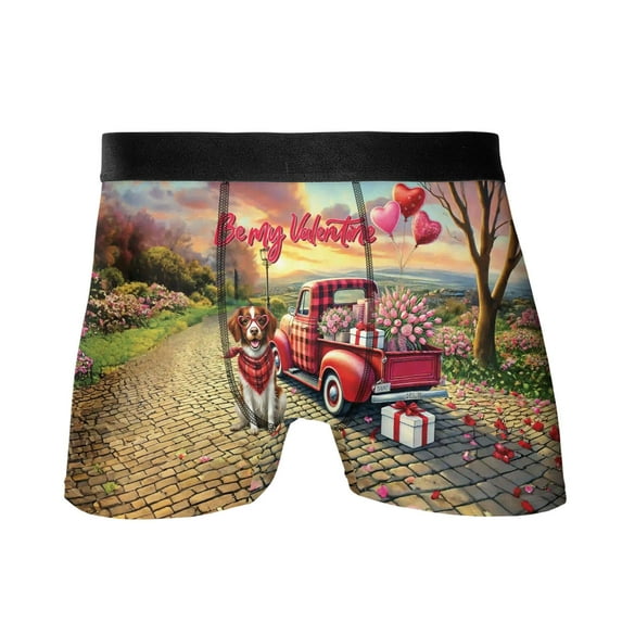 Be My Valentine's Brittany Spaniel Truck Full of Love Flower Balloon All Over Print Boxer Briefs Underwear for Men Dad Brittany Dog Lover Gifts Idea - 02029