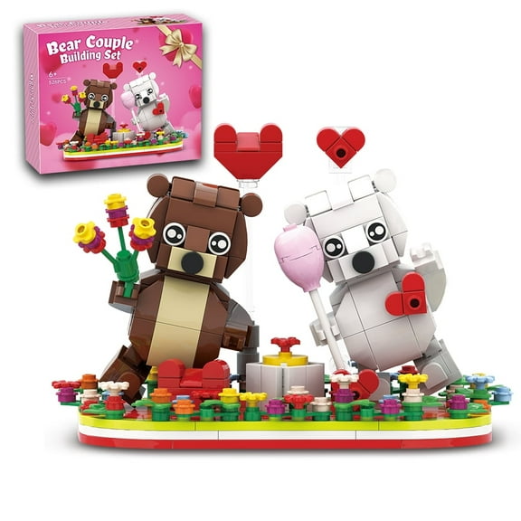 Valentine's Brown and White Dancing Bear Couple Building Blocks Set Toy, Valentine's Day Love Heart Ornament, Birthday Gift Toy School Classroom Gift Exchange for Kids