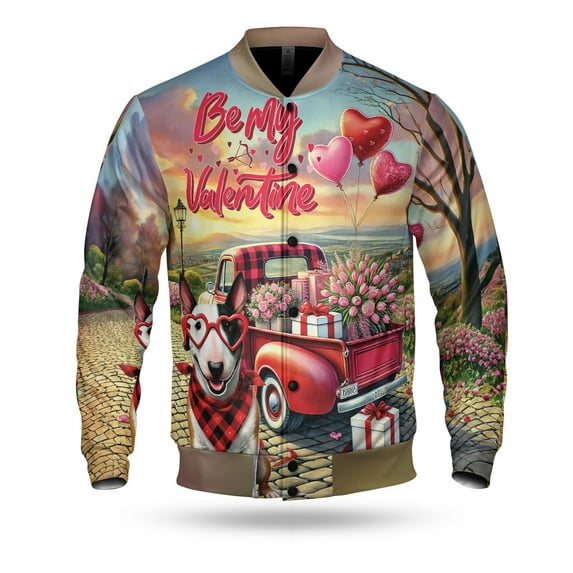 Be My Valentine's Bull Terrier Truck Full of Love Flower Balloon All Over Print 3D Baseball Jacket Bully Dog Lovers Gifts Idea Bomber Jacket Softball - 02029