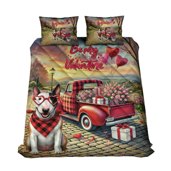 Be My Valentine's Bull Terrier Truck Full of Love Flower Balloon Quilt Bedding Set Bully Dog Lovers Gifts Idea 1 Blanket Bed Cover 2 Pillowcases - 02029