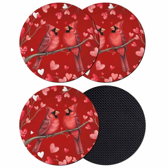 Valentine's Cardinal Coasters Set of 4, Absorbent Coasters for Drinks, Red Love Heart Birds Branch Coaster for Desk Coffee Table Protection, Home Decor House Warming Gifts 4"