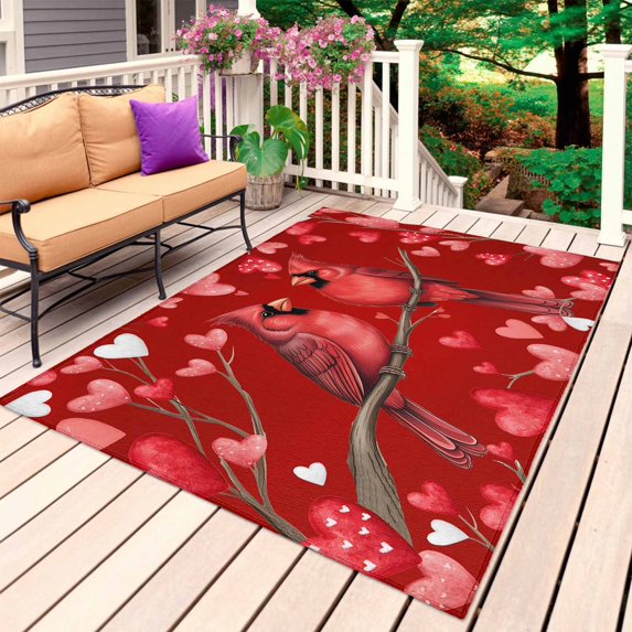 Valentine's Cardinal Outdoor Rug 5x7 Ft, Non Slip Washable Area Rug, Red Love Heart Birds Branch Patio Rugs Carpet Runner, Large Floor Mat for Indoor/Outdoor Deck Porch Camping