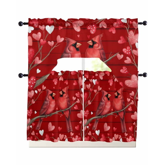 Valentine's Cardinal Swag Curtains for Living Room/Bedroom Windows, Red Love Heart Birds Country Wooden Kitchen Curtains and Valances Set 36 Inch Length, Light Filtering Swags Valance Curtain Panels