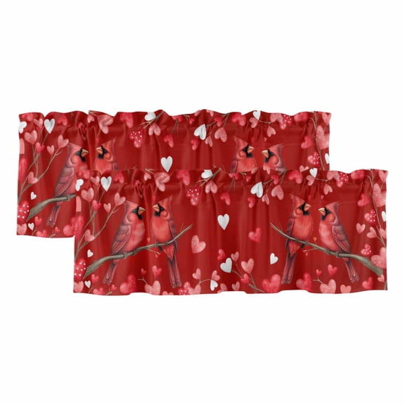 Valentine's Cardinal Valances for Windows, Decorative Rod Pocket Window Valance Curtains, Red Love Heart Birds Branch Short Curtain Drapes for Kitchen/Bathroom/Living Room, 2 Panels, 42" W x 18" L