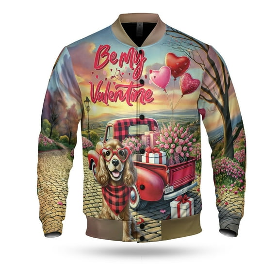 Be My Valentine's Cocker Spaniel Truck Full of Love Flower Balloon All Over Print 3D Baseball Jacket Cockers Dog Lover Gifts Bomber Jacket Softball - 02029