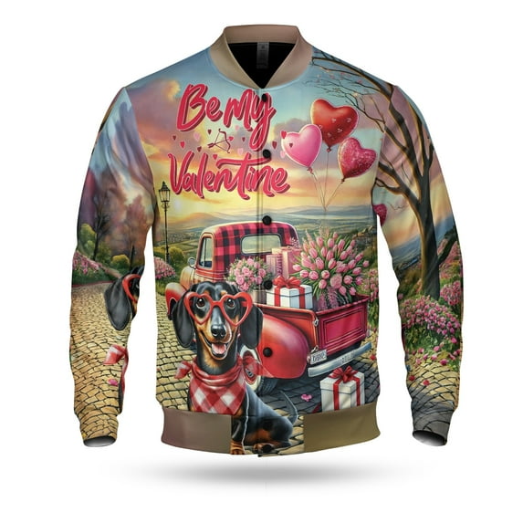 Be My Valentine's Dachshund Truck Full of Love Flower Balloon All Over Print 3D Baseball Jacket Wiener Dog Lover Gifts Idea Bomber Jacket Softball - 02029