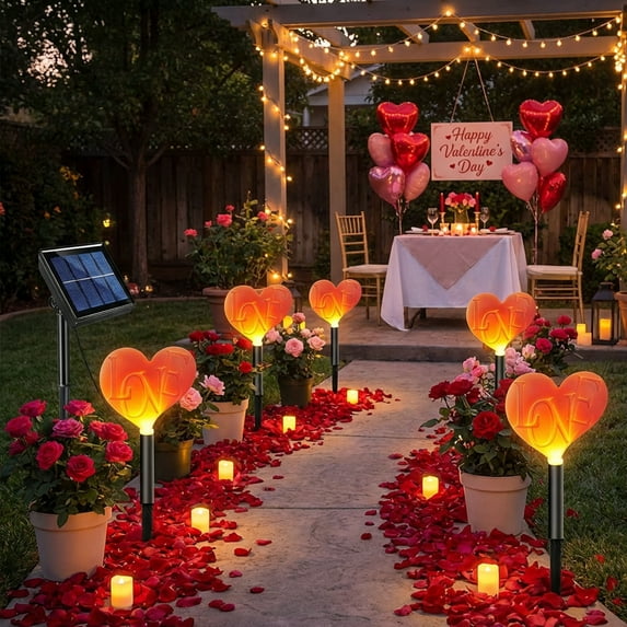 Valentine's Day 1-To-5 Printed Love Solar Lights - Outdoor Garden Yard Decoration, Classic Heart Shape Holiday Lights, Solar-Powered Energy-Saving, Romantic Printed Design Accent, Pink
