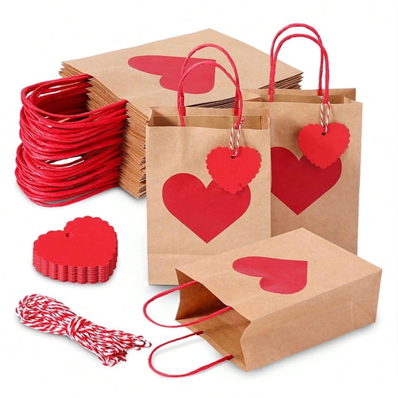 Valentine's Day 10 Pack Heart Gift Bags, Kraft Paper Shopping Party Bags With Handles - For Gifting, Party Favors, Festive Decorations, Valentine's Day Celebrations - Weddings,