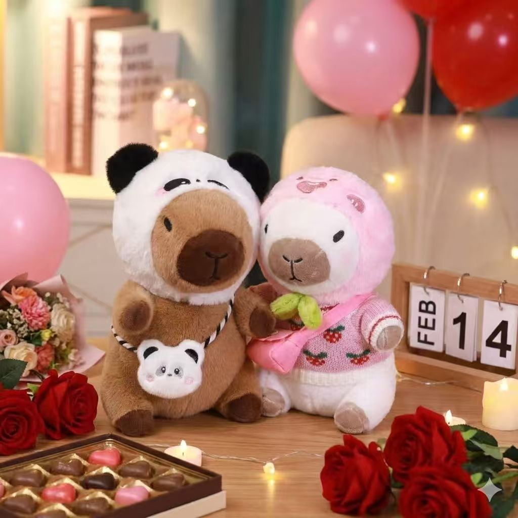 Valentine’s Day 2-Pack Capybara Plush Stuffed Animals, Matching Hooded Outfits & Crossbody Bags, 10.4-Inch Soft Plush Toy Couple Set, Cute Gift for Kids & Teens