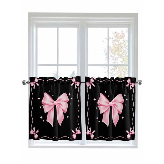 Valentine's Day 2 Panel Kitchen Curtains for Small Windows, Pink Bowknot Ribbon on Black Mother's Day Bathroom Tier Curtain, Short Window Treatment for Bedroom/Living Room 55"x36"