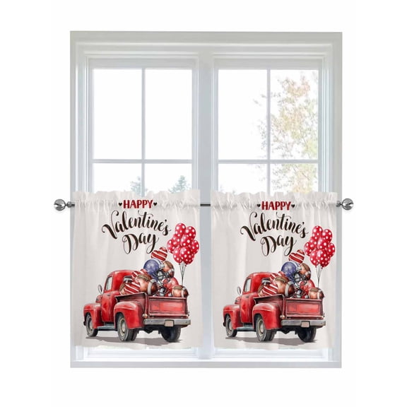 Valentine's Day 2 Panel Kitchen Curtains for Small Windows, Red Truck Balloons Footballs Love Romantic Bathroom Tier Curtain, Short Window Treatment for Bedroom/Living Room 55"x24"
