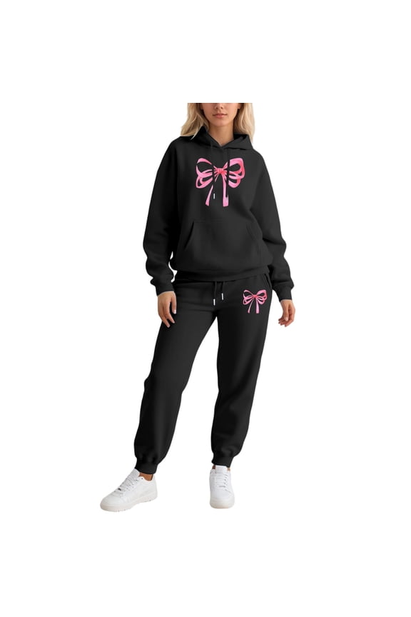 Valentine's Day 2 Piece Tracksuits for Women - Cute Funny Bow Graphic Hoodie Jogger Sweatset