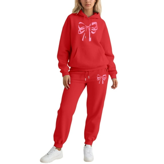 Valentine's Day 2 Piece Tracksuits for Women - Cute Funny Bow Graphic Hoodie Jogger Sweatset
