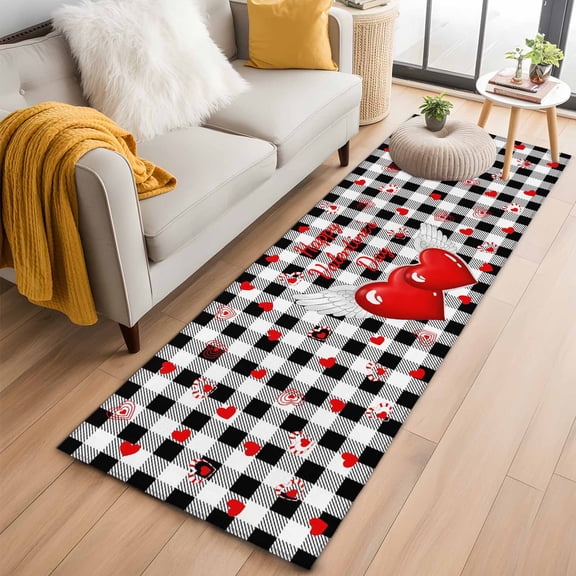 Valentine's Day 2'x6' Runner Rugs for Hallway Kitchen Bedside Non Slip, Red Love Wings Romantic White Black Plaid Entryway Rug Runners with Rubber Backing, Long Carpet Runner for Laundry Room