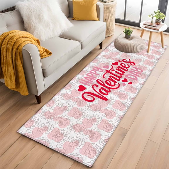 Valentine's Day 2'x6' Runner Rugs for Hallway Kitchen Bedside Non Slip Washable, Pink Roses Lines Modern Minimalist Entryway Rug Runners with Rubber Backing, Long Carpet Runner for Laundry Room