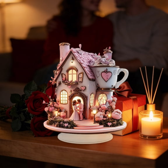 Valentine's Day 2D Acrylic Home Statue Decorations, Romantic Rose House Shape Table Ornaments, Acrylic House Ornaments for Valentine's Day Home Tabletop Decor