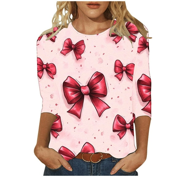 Valentine's Day 3/4 Sleeve Tee for Womens Tops Cute Heart Crewneck Tshirt Holiday Basic Tees Blouse