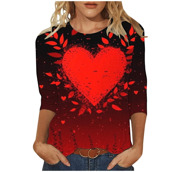 Valentine's Day 3/4 Sleeve Tee for Womens Tops Cute Heart Crewneck Tshirt Holiday Basic Tees Blouse