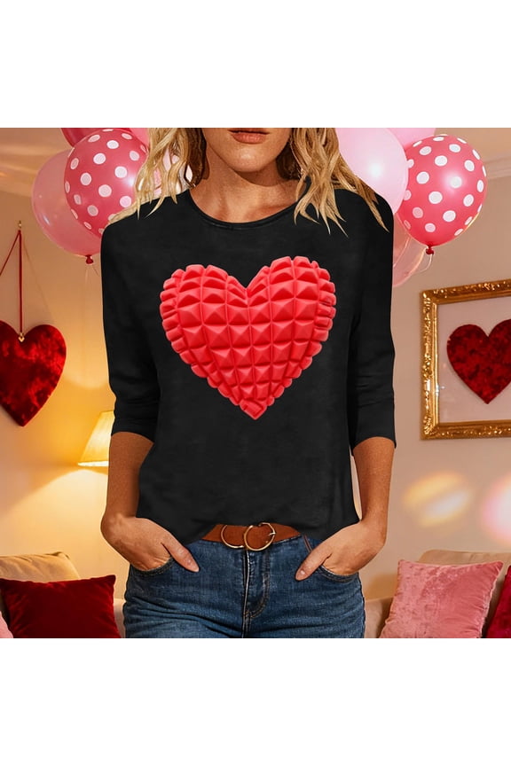 Valentine's Day 3/4 Sleeve Top for Women 3D Textured Studded Heart Graphic Crewneck Casual Relaxed Fit Novelty Fashion Holiday Clothes