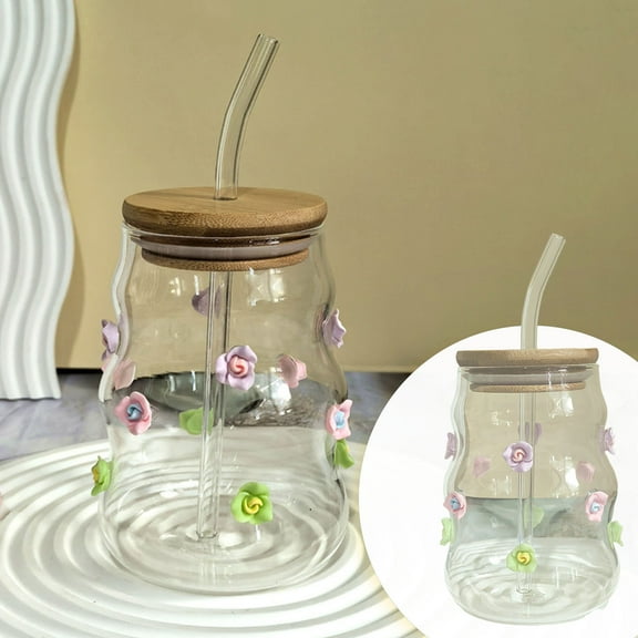 Valentine's Day 3D Colorful Rose Clear Tumbler 15oz Mother's Day Ribbed Texture Floral Glass Cup with Lid and Straw Easter Iced Coffee Cup for Tea Juice Smoothie Beverage Gift for Girlfriend Wife Mom