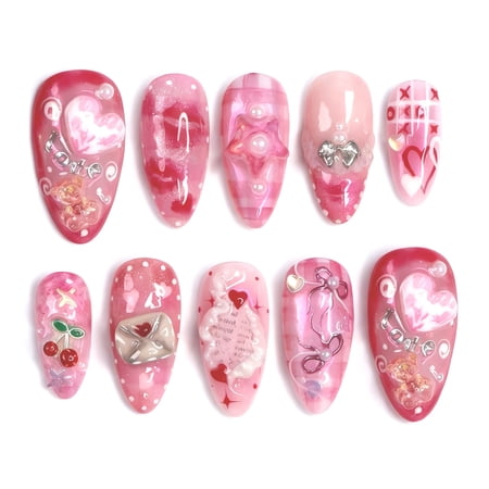Valentine’s Day 3D Press on Nails Almond - Medium French Tip Fake Nails with Embossed Flower&Gold Bead Designs, Glossy Finish Reusable False Nails with Glue Tabs - 30 Pcs Nail Kit for Women Manicure