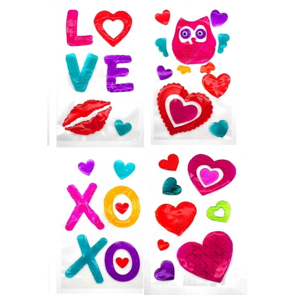 Valentine's Day 4 Pack Gel Window Clings 38 Piece Decor Love Hearts XOXO Kiss Lips