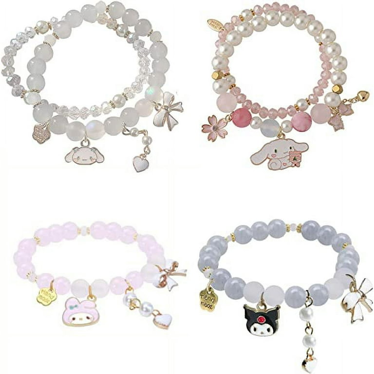 Valentine's Day! 4 Pcs Crystal Bead Bracelet Kuromi and My Melody Bracelets Sanrio Jewelry for BFF Friendship Best Friend Gift Cute Cartoon Kawaii