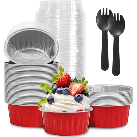 Valentine's Day 50Pcs Mini Aluminum Foil Cupcake Baking Cups,5oz Cake Pans Disposable,Mini Loaf Pans with Lids,Disposable Ramekins,Tin Cups Containers for Cupcake,Pudding,Muffin,Cheesecake(50, Red)