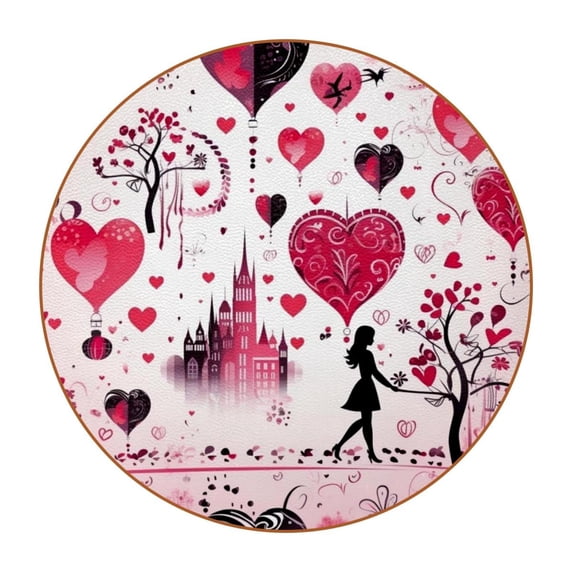 Valentine's Day 6PCS Round Microfiber Leather Bar Coasters, 11x11 cm/4.3x4.3 in, Drink Coasters for Home and Kitchen, Furniture from Water Marks and Scratches