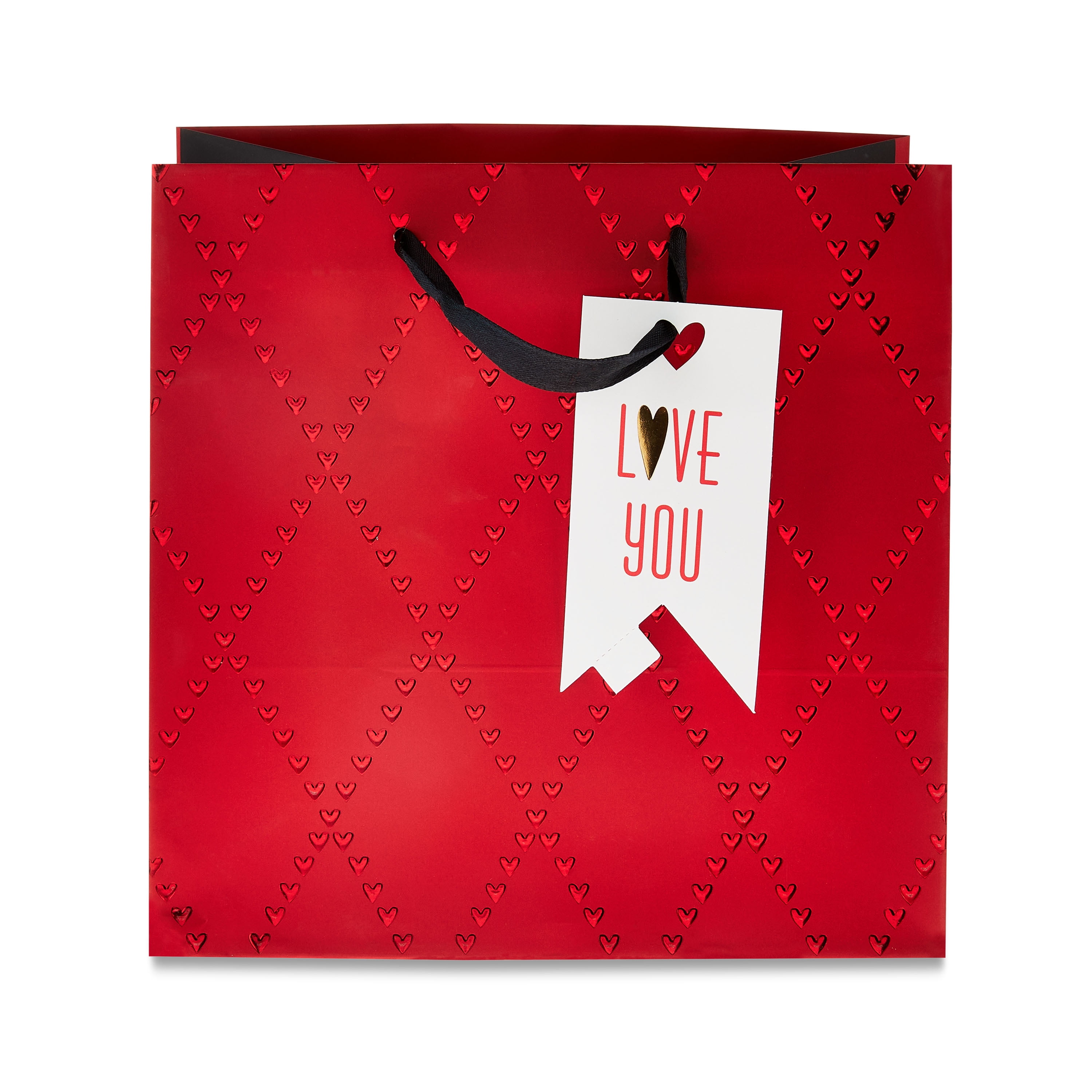 Valentine's Day 8" Cub Square Red Paper Gift Bag, Embossed Heart Design