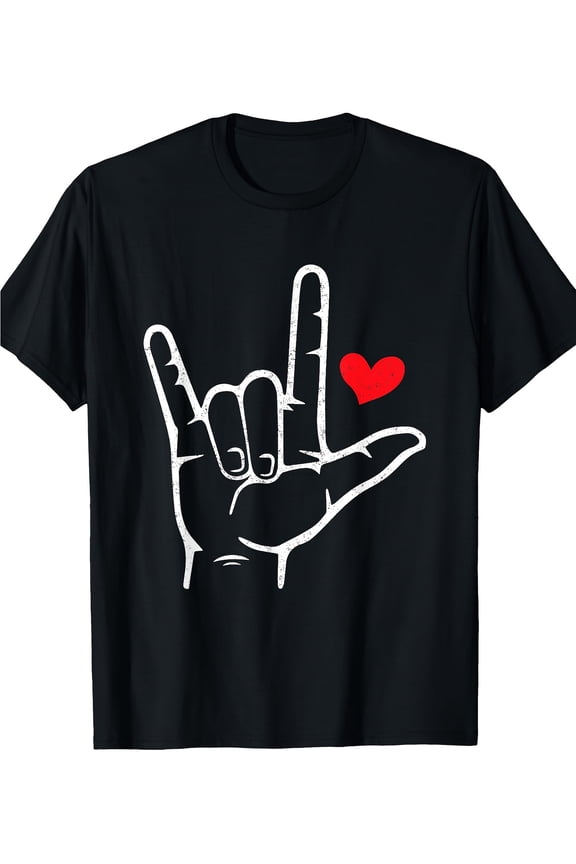 Valentine's Day ASL 'I Love You' Heart Graphic T-Shirt - Black Crew Neck Tee with White Hand & Red Heart Design, Unisex Lightweight Casual Wear, Sizes S-XXXL