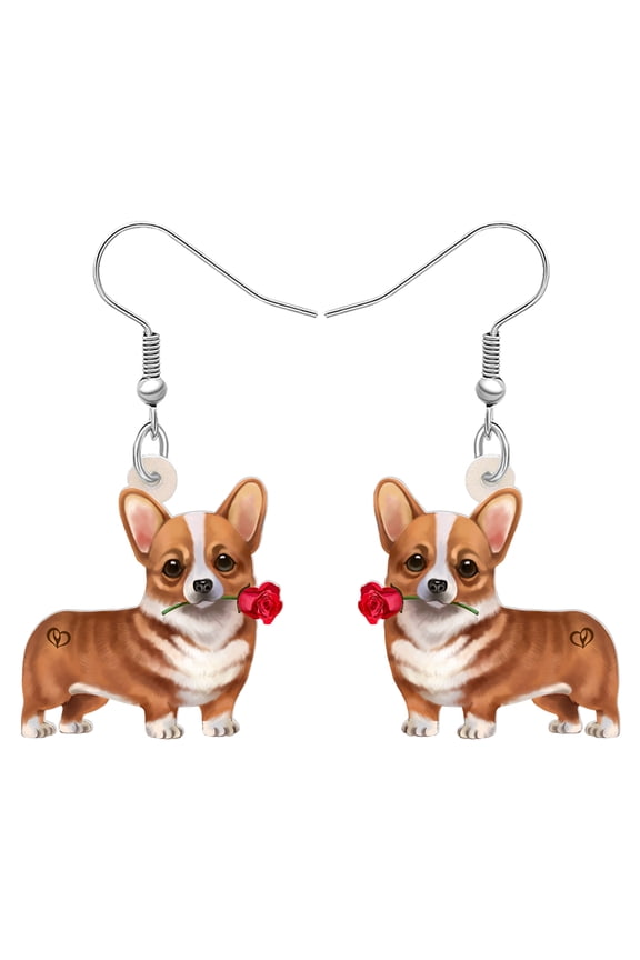 Valentine's Day Acrylic Cute Rose Corgi Dog Earrings Puppy Dangle Jewelry for Women Dog Lovers Gifts
