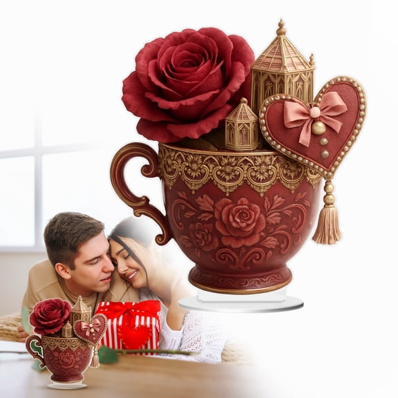 Valentine's Day Acrylic Sign Table Decor, Happy Valentine's Tabletop Centerpiece Decorations for Tables 2D Acrylic Pink Romantic Ornament