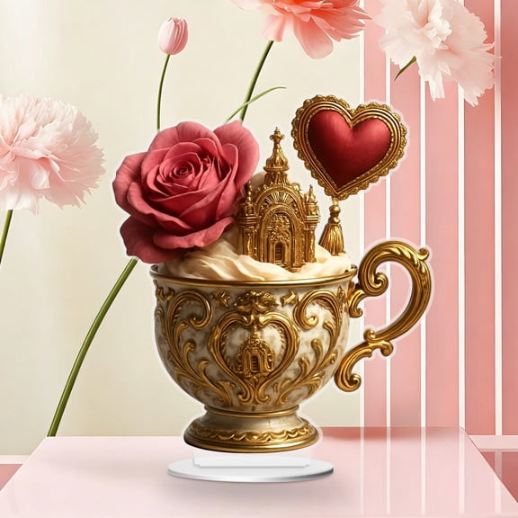Valentine's Day Acrylic Tea Cup Ornament, Staron Romantic Heart-Shaped Decor, 15cm Longest Side Cute Gift for Lover Day Kitchen Desk Souvenir