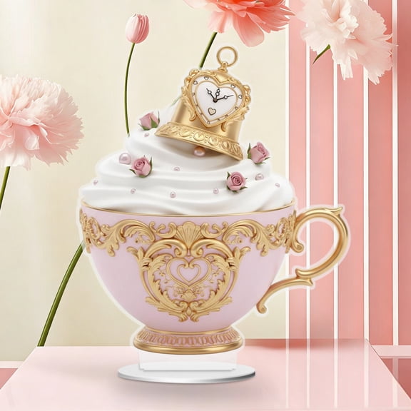 Valentine's Day Acrylic Teacup Ornament Romantic Heart-Shaped Decorative Gift for Couples Anniversary Wedding Party Home Decor Kitchen Tabletop Display