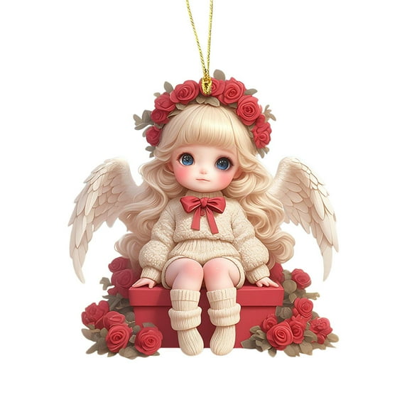 Valentine's Day Angel Ornament 3.15 Inch, Cute Fairy Girl Sitting on Red Box with Roses, Rearview Mirror Car Charm, Romantic Hanging Decoration Gift for Girlfriend Wife (1pc)