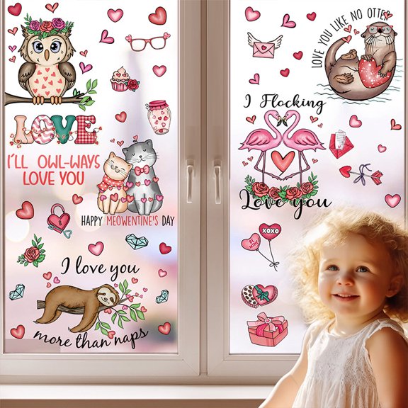 Valentine's Day Animal Window Clings - Static Decals for Home & Storefront Glass - No-Glue Wall Decor