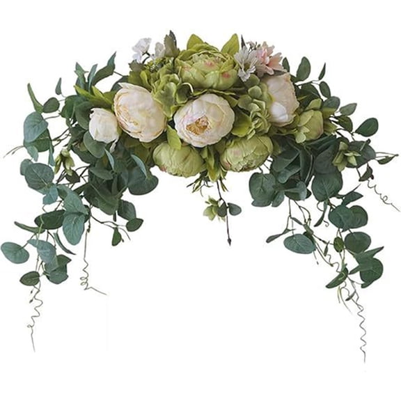Valentine's Day Arched Flower Decoration Green, Artificial Floral Swag, 30 Inch Handmade Flower Swag with Green Leaves Rose Peony Swag Arch Garland Simulation Flowers